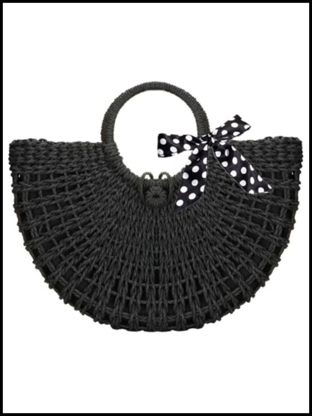 Hand-Woven Straw Tote Bag Round Ring Handle Summer Beach Rattan Handbag